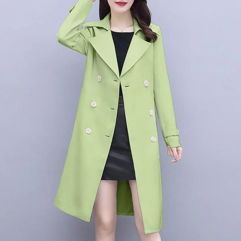 2021 New Spring Elegant Women Double Breasted Solid Thin Trench Coat Vintage Turn-down Collar Warm Trench With Belt Plus Size