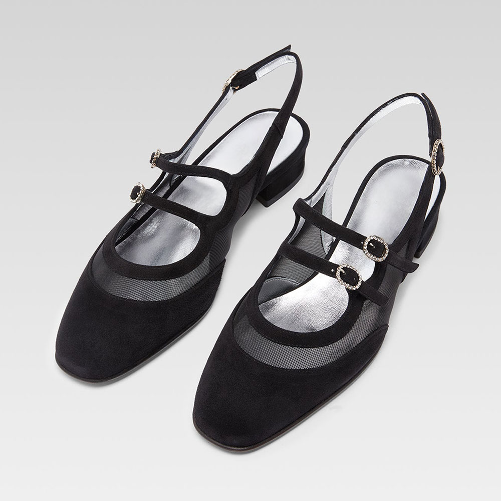 Black Mesh Patchwork Rhinestone Buckle Strappy Slingback Shoes Nicepairs