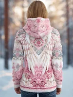 Boho Floral & Wing Pattern Women's Flannel Hooded Sweatshirt