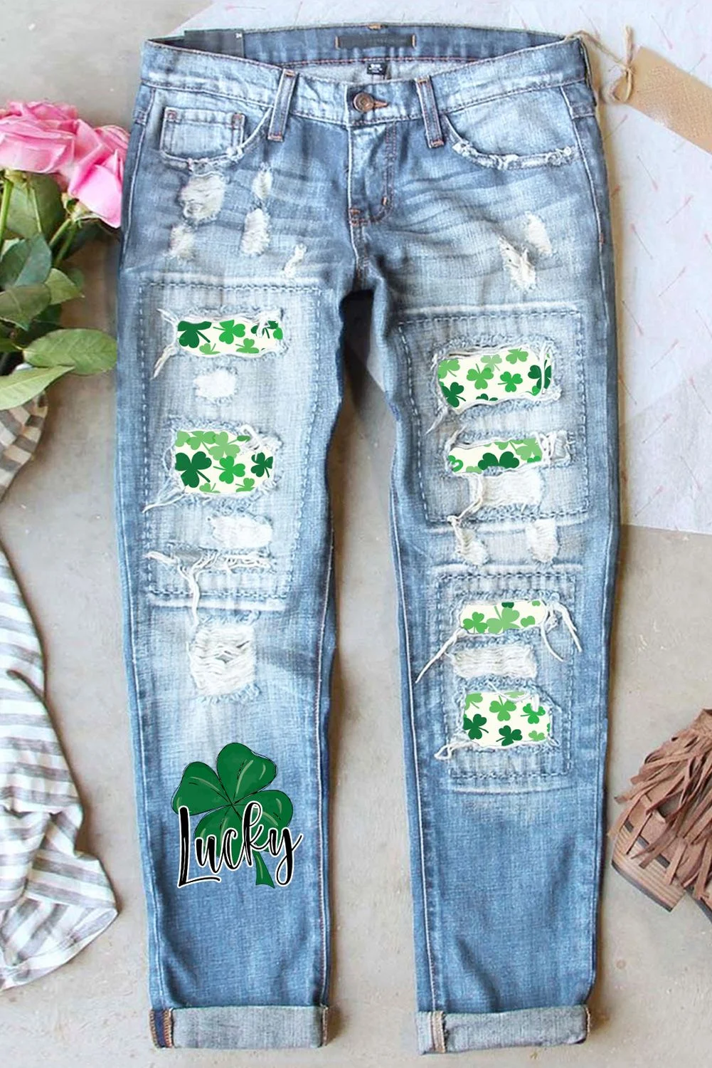 Green Clover Floral Shift Casual Ripped Jeans