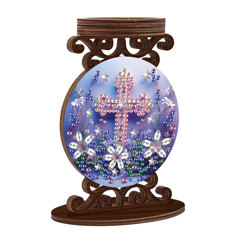 Wooden Diamond Painting Candle Holder Rhinestone Candlestick Decor (Cross B)