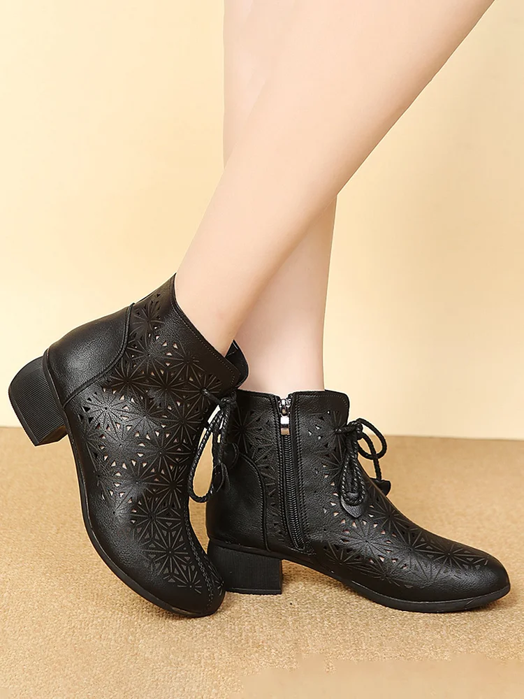 Vintage Soft Leather Cutout Breathable Chunky Heel Lace-Up Boots