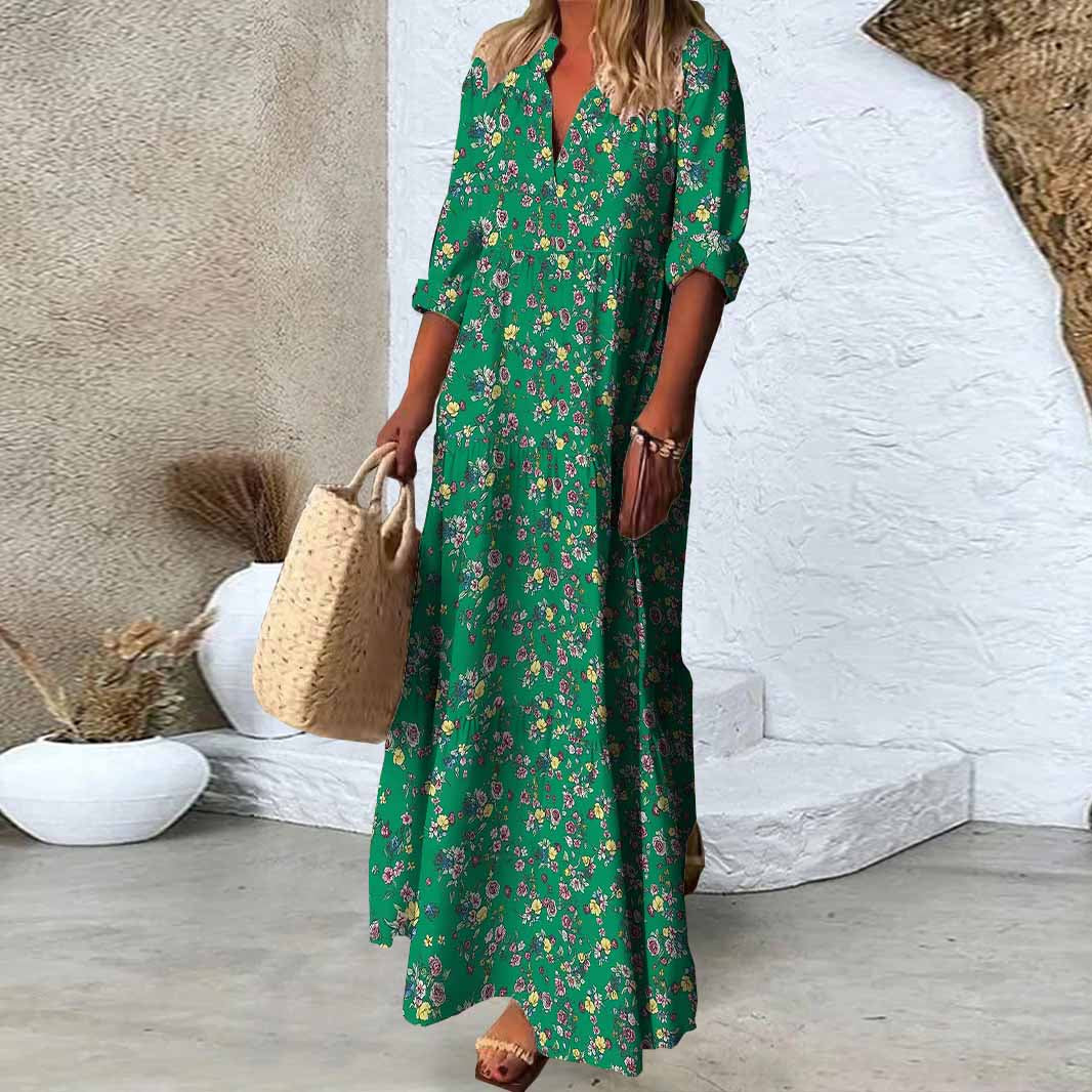 Women Floral, Green, Red DZDN0811 SPU Printed Long Sleeve V-neck Maxi Dress