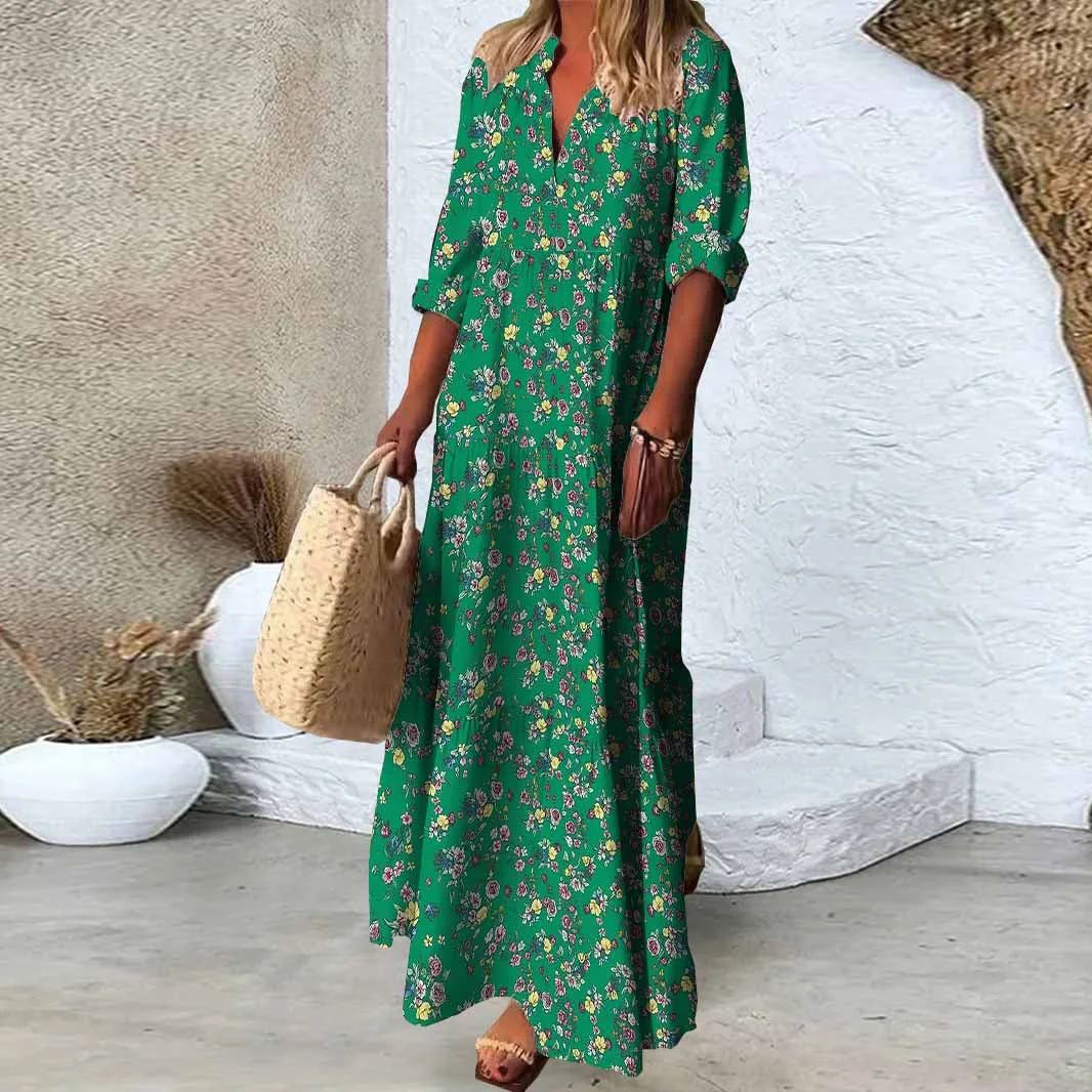 Women Floral, Green, Red DZDN0811 SPU Printed Long Sleeve V-neck Maxi Dress