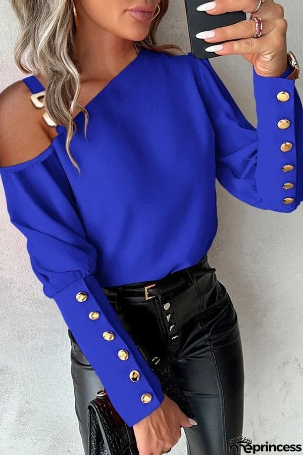 Solid Color Metal Button Off Shoulder Collar Button Up Shirt