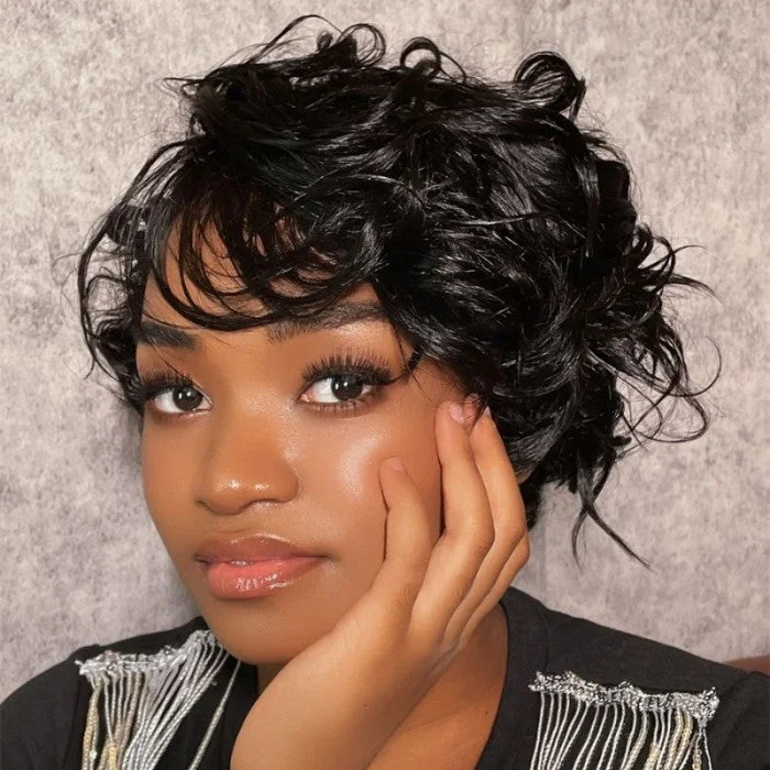 Chic Curly Glueless Short Wig with Side Swept Bangs for Women