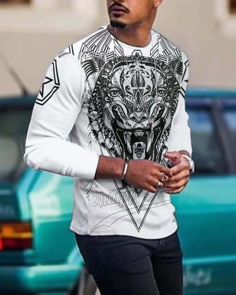 Men's Casual Long Sleeved Creative  Abstract Tiger Pattern T-shirt