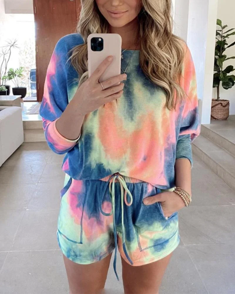 hirigin New Tie Dye Colorful 2Pieces Sets Women Tracksuits Casual Long Sleeve Pullovers Lace Up Shorts with Pockets Outfits