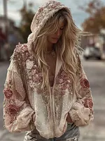 Women's Vintage Floral Art Embroidered Zipper Hoodie