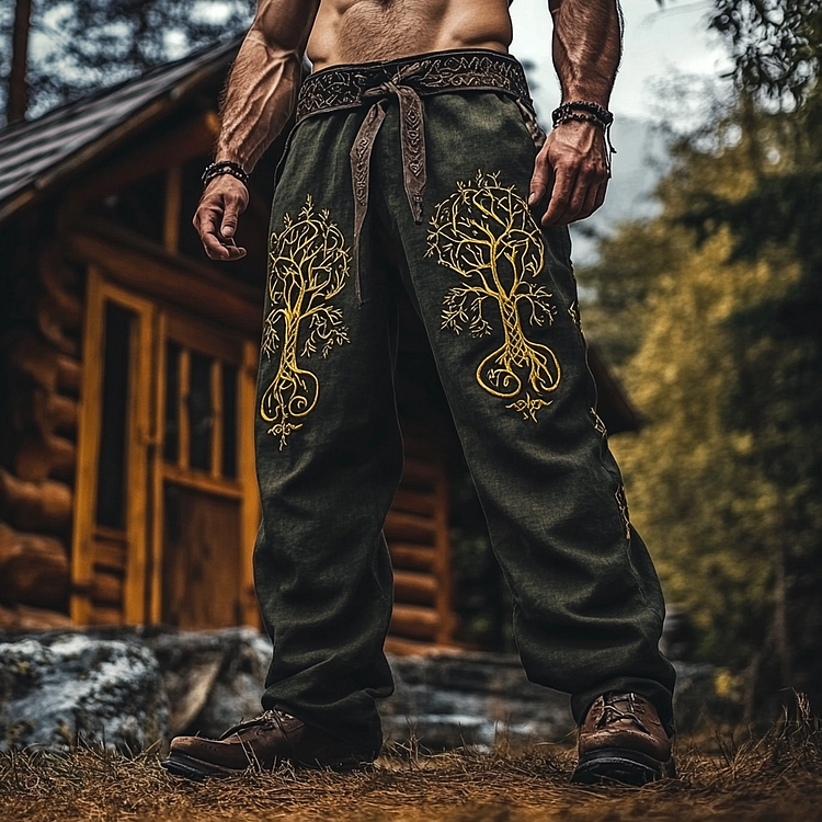 Men's Celtic Knot Tree Of Life Embroidered Wide Leg Pants