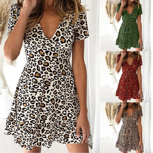 New Women's Fashion Summer Casual Leopard-print Deep V-Neck Lotus Leaf Edge Dress - Shop Trendy Women's Fashion | TeeYours