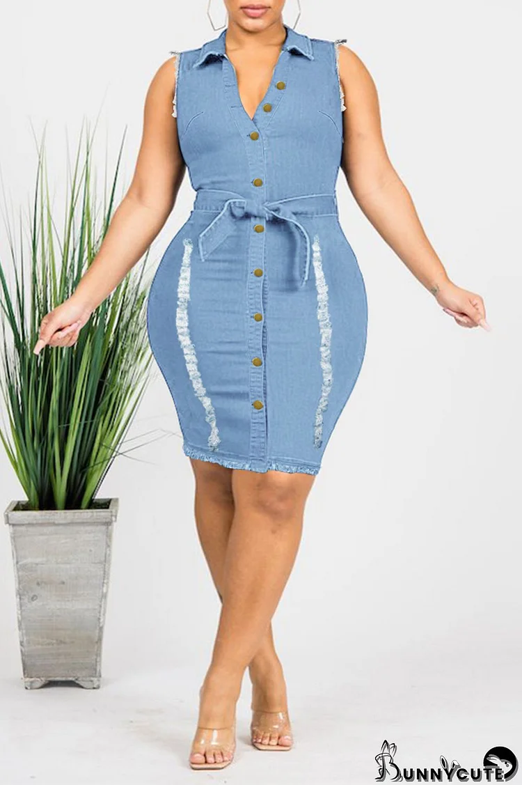 Light Blue Casual Solid Patchwork Buckle Turndown Collar Plus Size Dresses