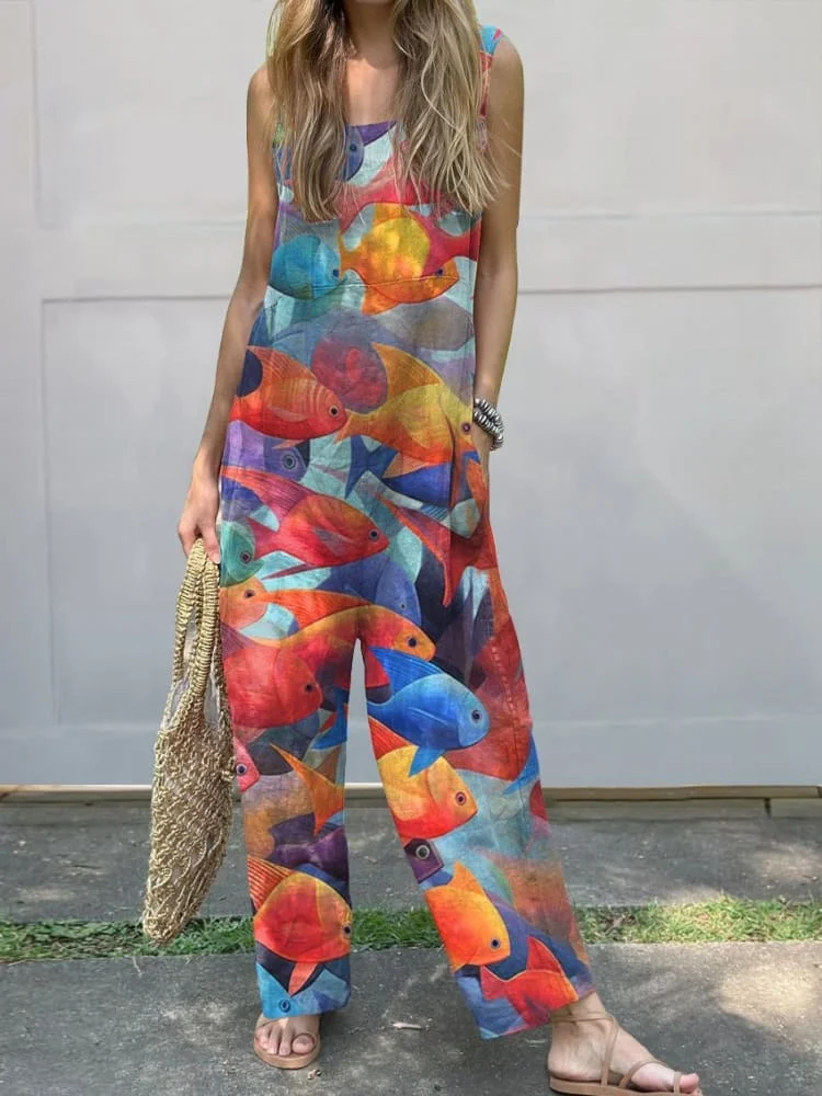 Colorful Tropical Fish Pattern Printed Women's Casual 100% Cotton Wide Leg Jumpsuit