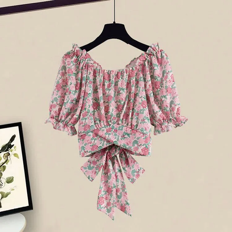 Floral Print Puff Sleeve Lace Up T-Shirt Split Denim Skirt - Modakawa modakawa