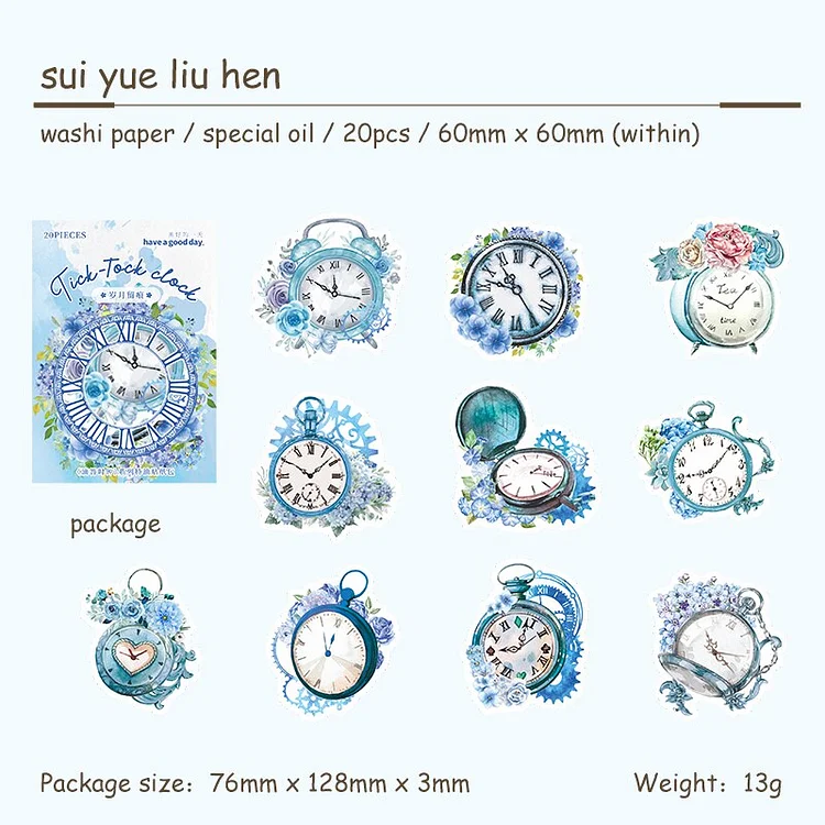 Journalsay 20 Sheets Tick-tock Clock Series Vintage Flower and Clock Special Oil Washi Paper Sticker 