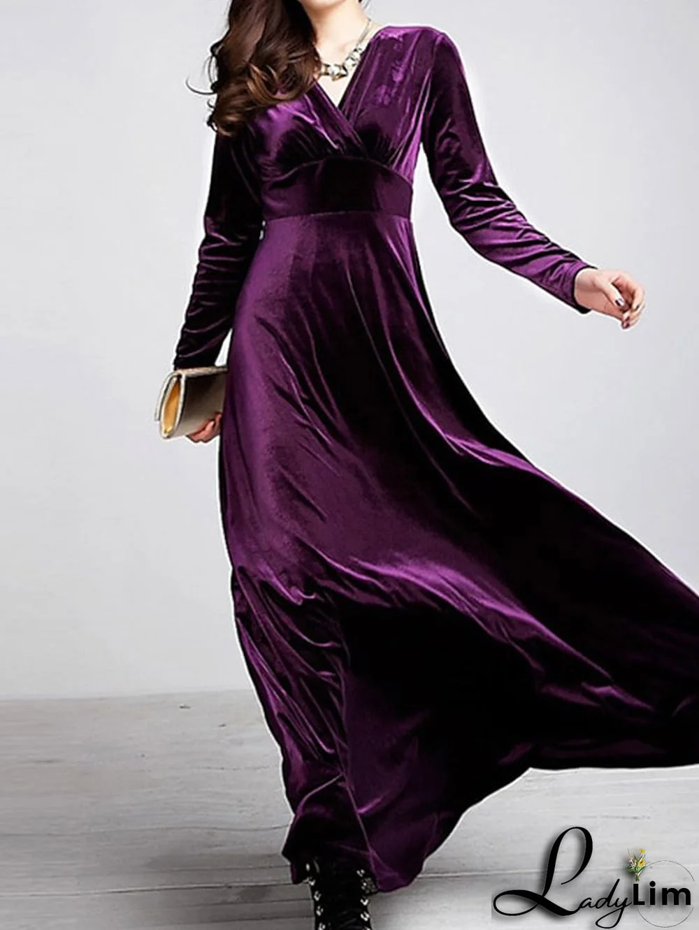 Elegant Wrap Wide Band A-line Velvet Maxi Dress