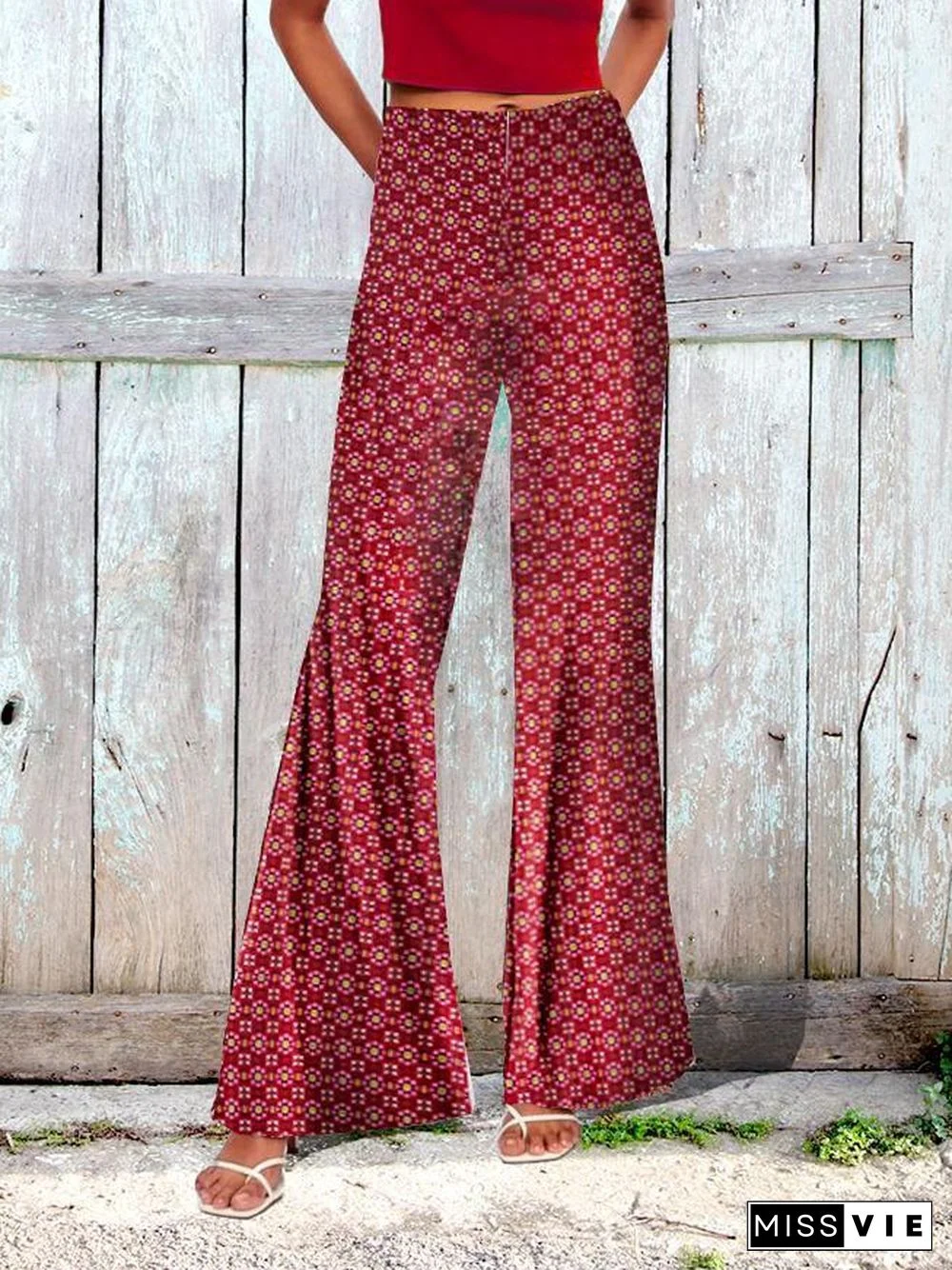 High Waist Women Red Elastic Slim Bell-Bottomed Pants