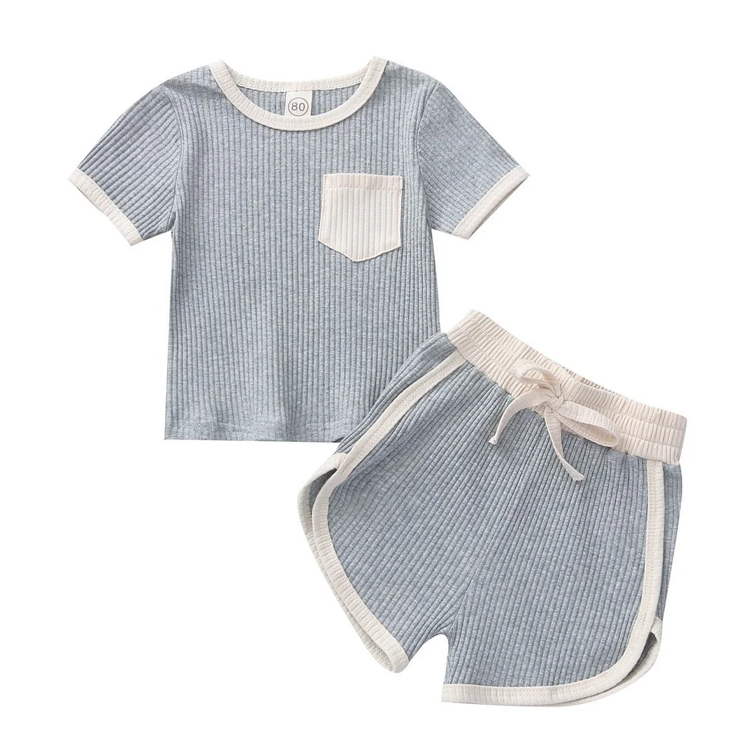 2021 Baby Summer Clothing Kids Baby 2-piece Ribed Outfit Set Short Sleeve Pocket Top+Shorts Set for Children Boys Girls