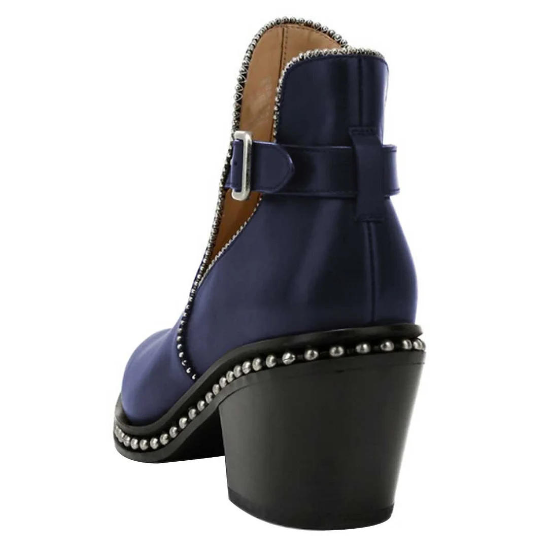 Navy Pointed Toe Ankle Strap Chunky Heel Booties for Women with Studs