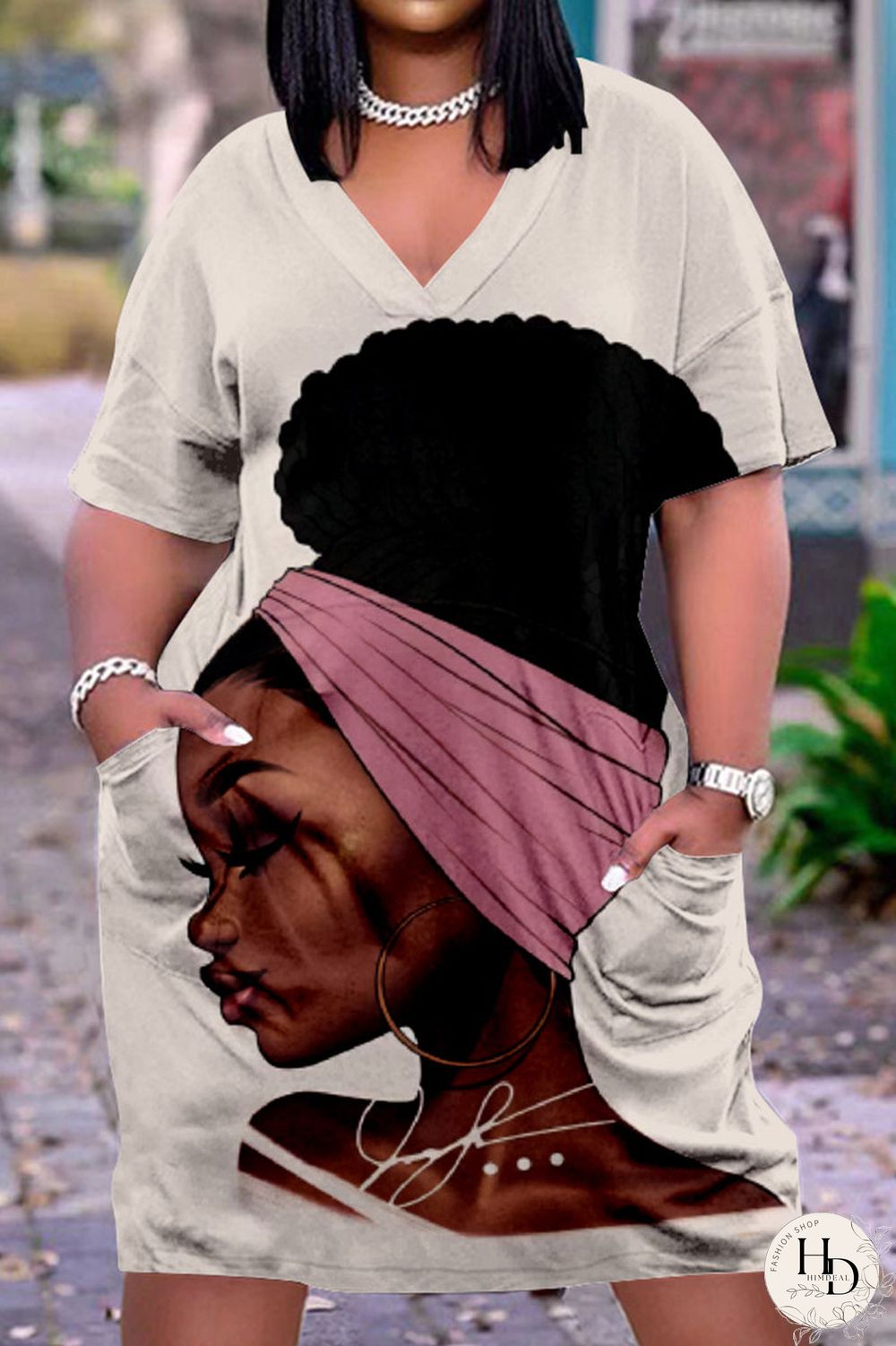 Shallow Yellow Fashion Casual Print Basic V Neck Short Sleeve Dress