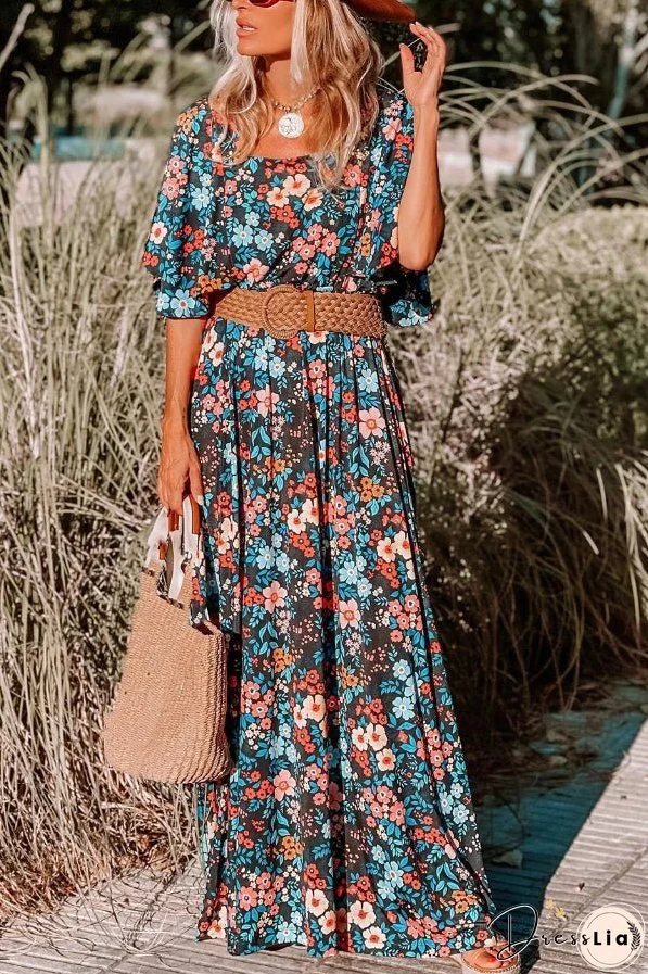 Sky Blue Boho Floral Print Knotted Backless Maxi Dress