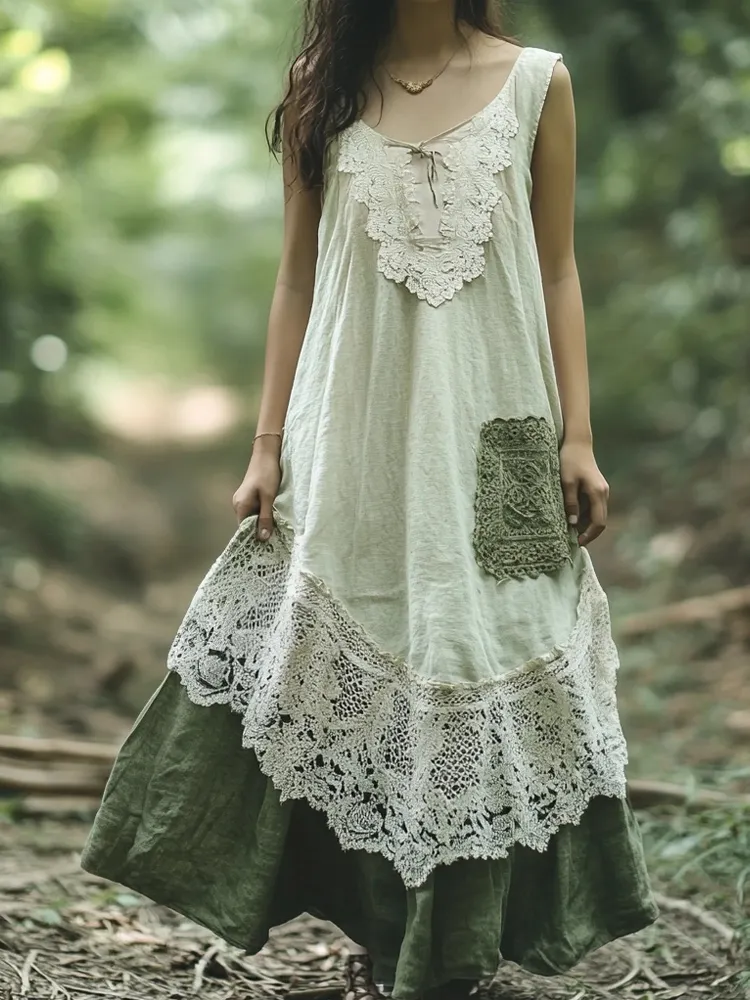 Lunivibe Vintage Lace Patchwork Sleeveless Comfy Linen Dress