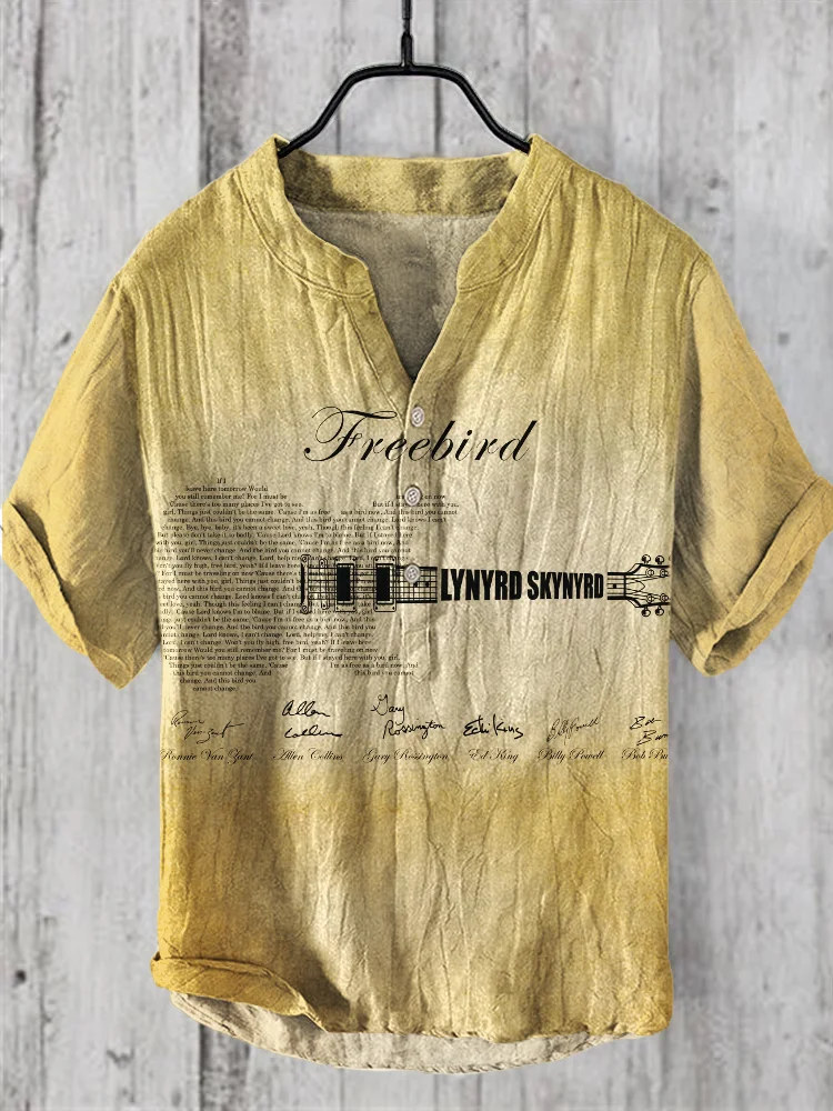 Rock Band Free Bird Pattern Men's Linen Vintage V-Neck Shirt