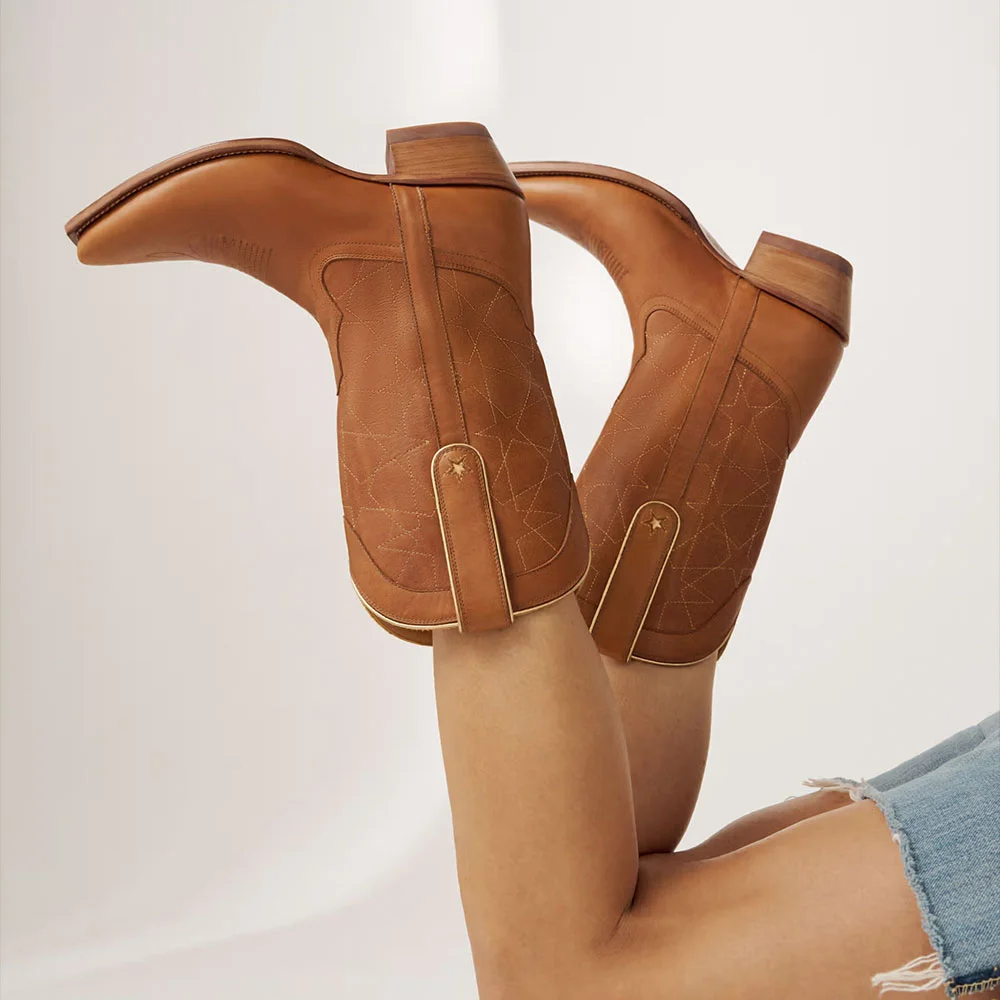 Brown Snip Toe Chunky Heel Star Stitching Mid Calf Cowgirl Boots