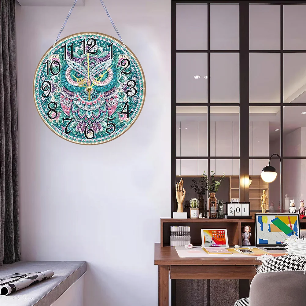 DIY Owl Single-Side Wooden Special Shaped Diamond Painting Clock Art Craft Decor