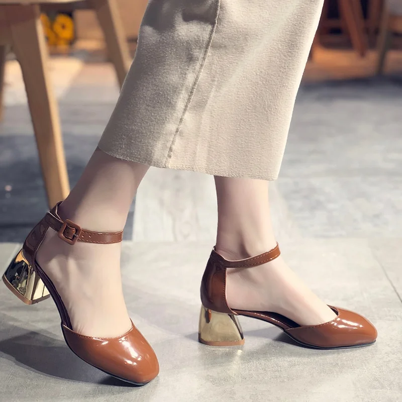 Colourp Spring Autumn Leather Pumps Shoes Mary Janes Square Toe Fashion Med Square Chunky Heels Sandals Office Lady Shoes