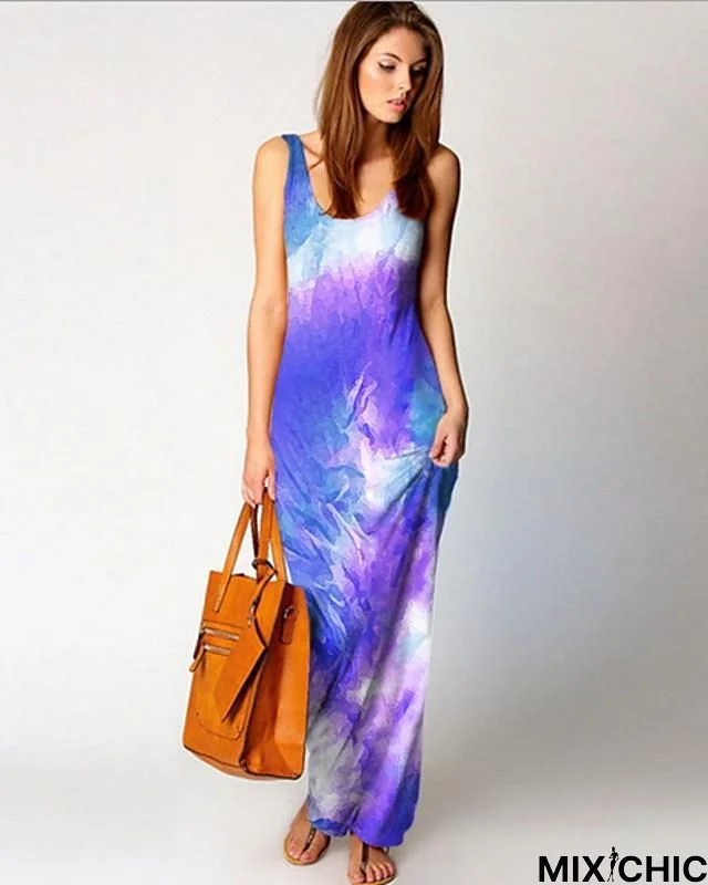 Women's Sheath Dress Maxi Long Dress Sleeveless Tie Dye Summer Work Hot Purple Red Fuchsia Orange Green Light Blue