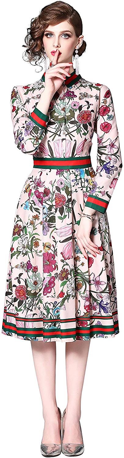 Midi Dress Women's 3/4 Sleeve Floral Print Button up Casual A-line Midi Dress