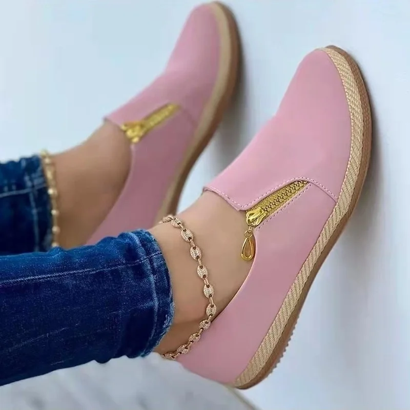 Qengg New Women's Casual Shoes Fashion Solid Color Platform Hemp Rope Flats Lightweight Comfortable Side Zip Loafers Zapatillas Mujer