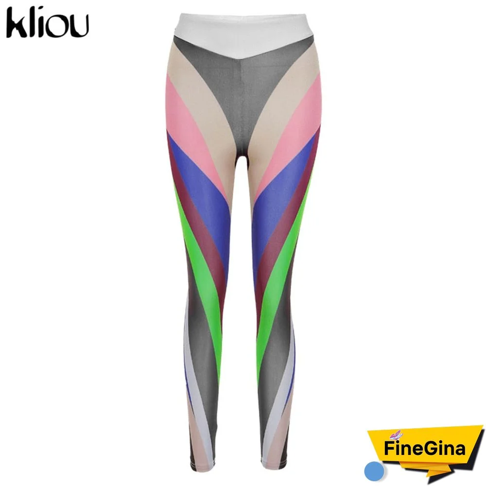 Kliou Color Blocking Women Leggings High Waist Stretchy Skinny Striped Fitness Pants Color Match Streetwear Slim Clothing