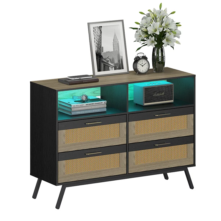 Buffet Cabinet with Storage, Sideboard Buffet Cabinet with Drawers and Open Shelves, LED Accent Rattan Cabinet for Living Room, Entryway, Bedroom