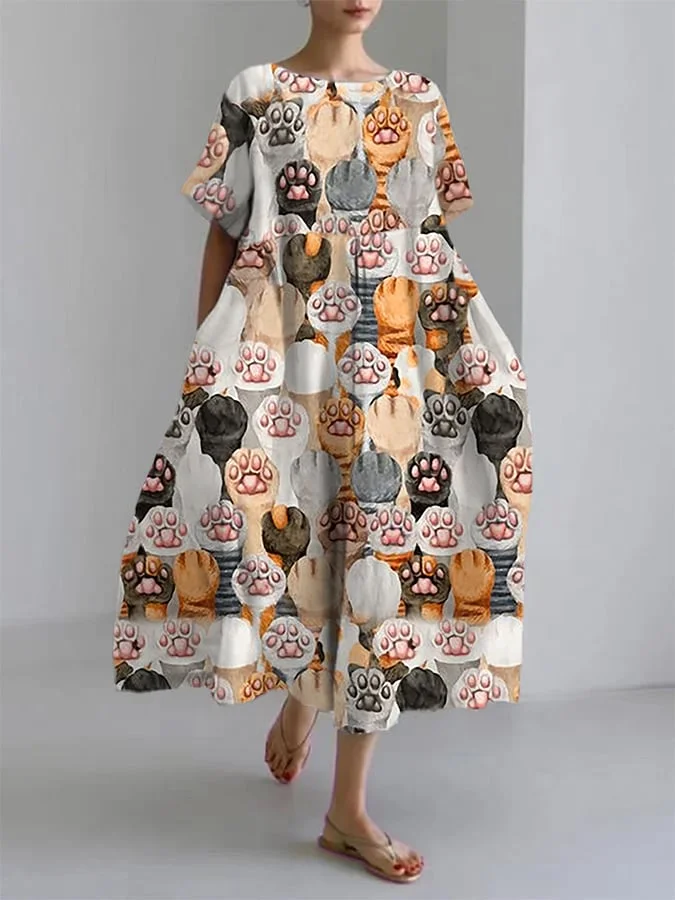 Women'S Lovely Paw Print Short Sleeve Linen Blend Midi Dress