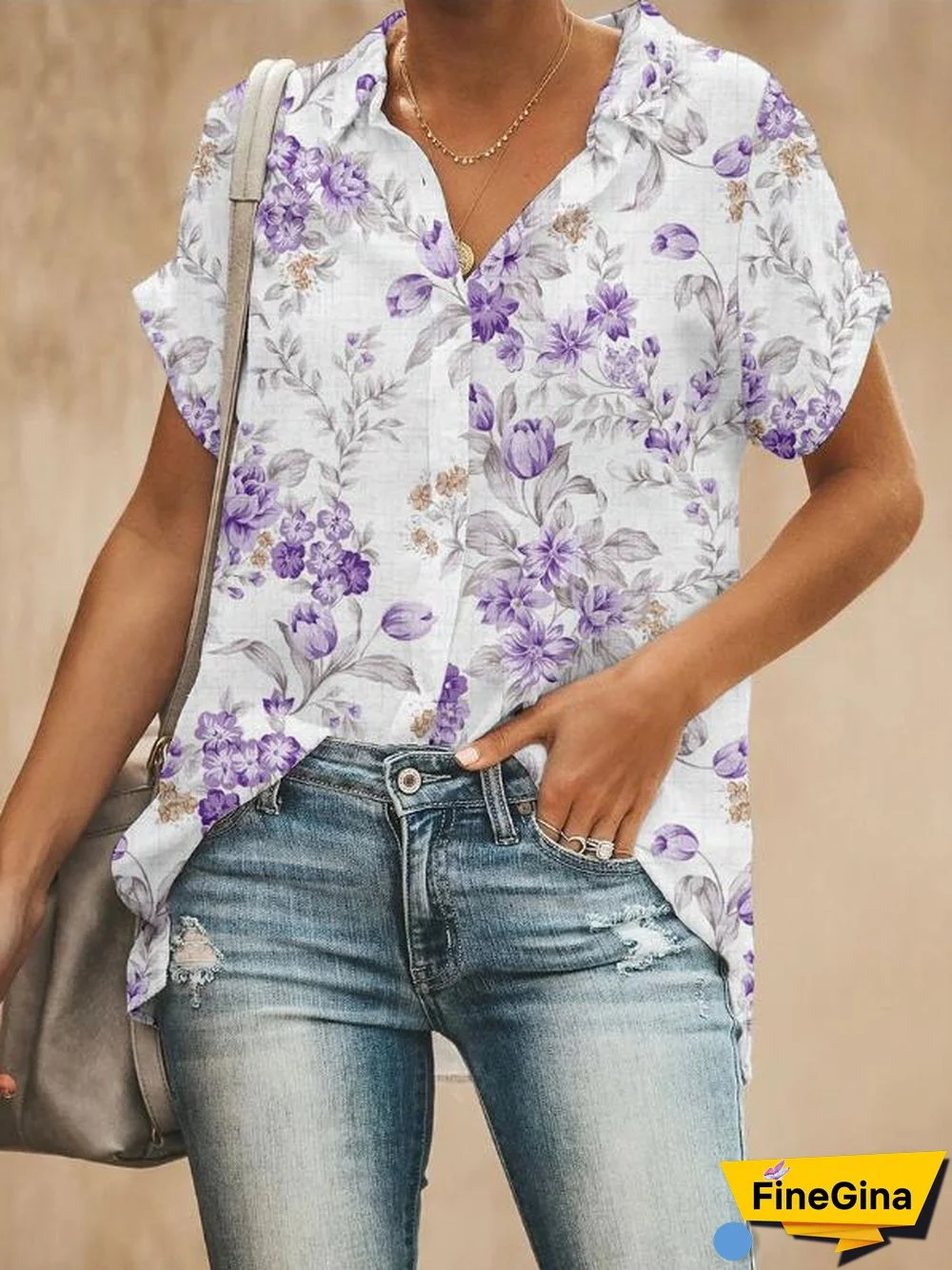 Printed Short Sleeve Lapel Women Shirt