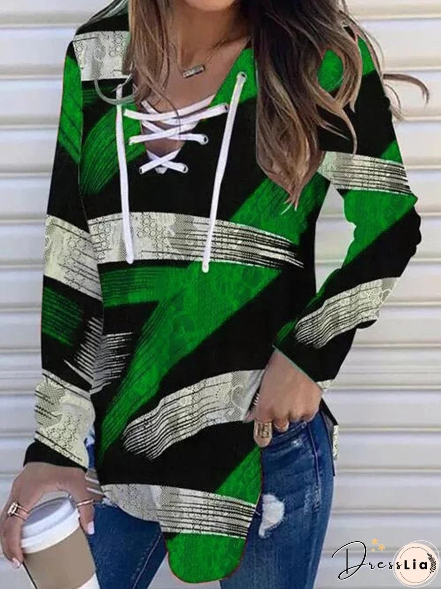 Women's T-Shirts V-Neck Tie Cloth Printed Long Sleeve T-Shirt