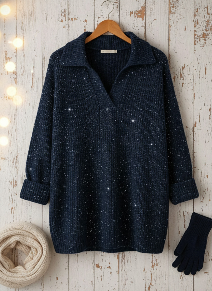 Christmas Party Polo Collar Shiny Loose Sweater Top-Navy-Sweater