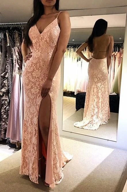 Bellasprom Halter Sleeveless Prom Dress Lace With Split V-Neck