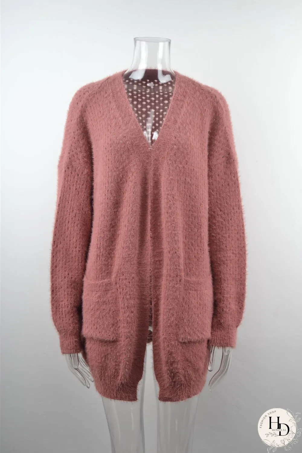 Casual Long Sleeve V Neck Sweater With Pockets