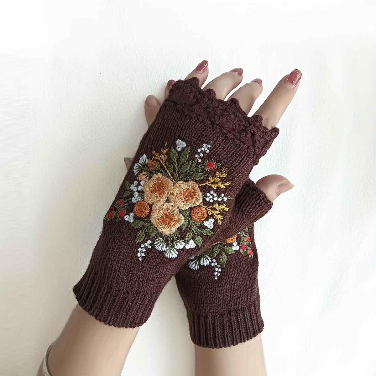 Embroidery Floral Knitted Gloves Retro Handmade Hook Edge Half Finger Touchscreen Gloves Autumn Winter Women's Warm Gloves