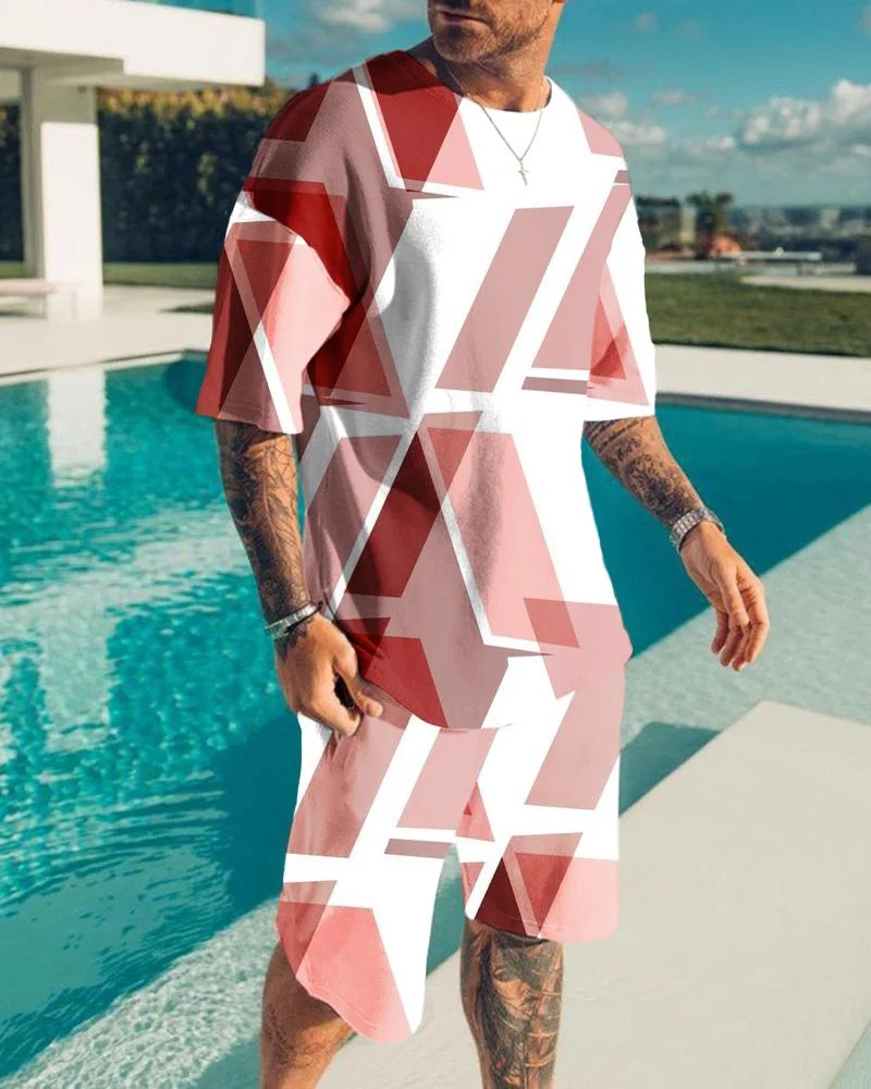 Men's Holiday Casual Printed Geometric Pink Suit