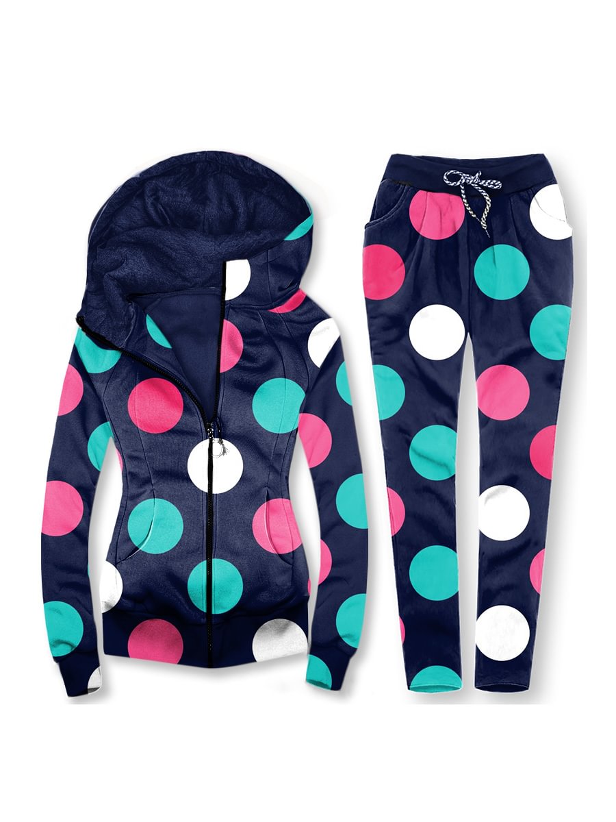 Women's Polka Dot Print Zip Hoodie Set