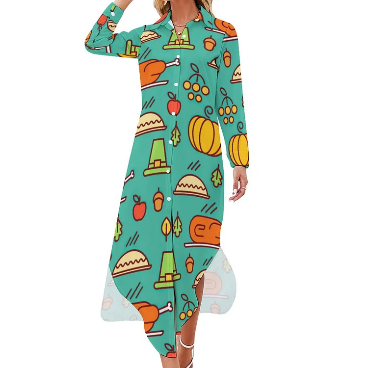 Personalized Design Women's Long Sleeved Shirt Dress Thanksgiving