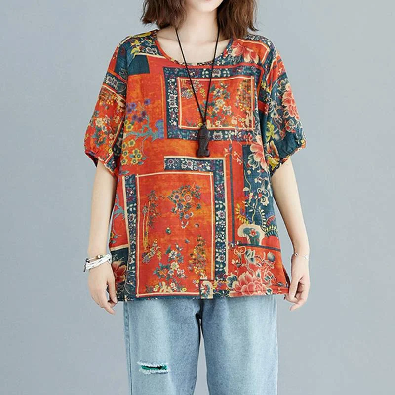 Summer Blouse ZANZEA Women Vintage Printed Tops Casual O Neck Short Sleeve Shirt Female Loose Tunic Blusas  Chemise