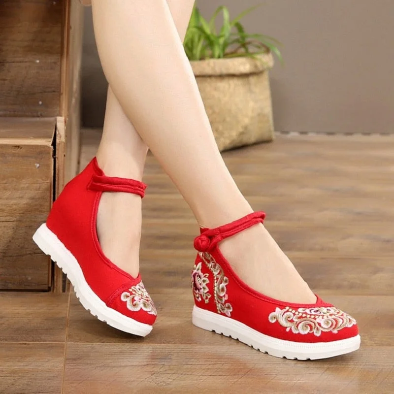 Comemore Women Red Summer Footwear Ankle Strap Spring Autumn Pumps China Beijing Embroiders Wedges Heels 2022 Buckle Cloth Shoes