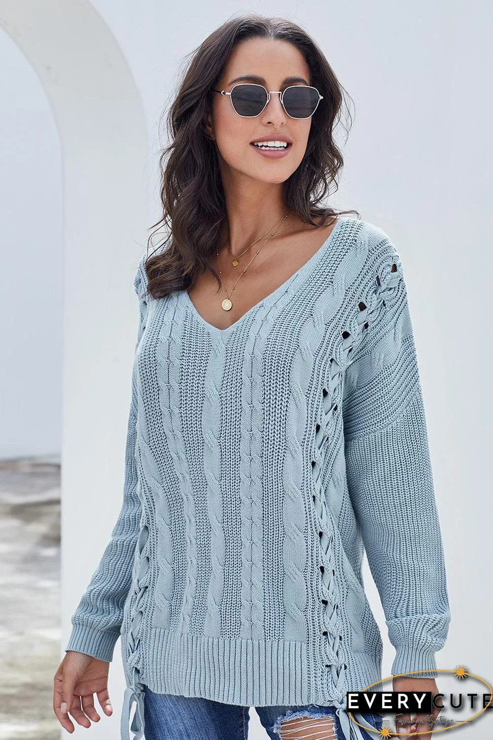 Sky Blue Love Letters Cable Knit Lace Up Sweater