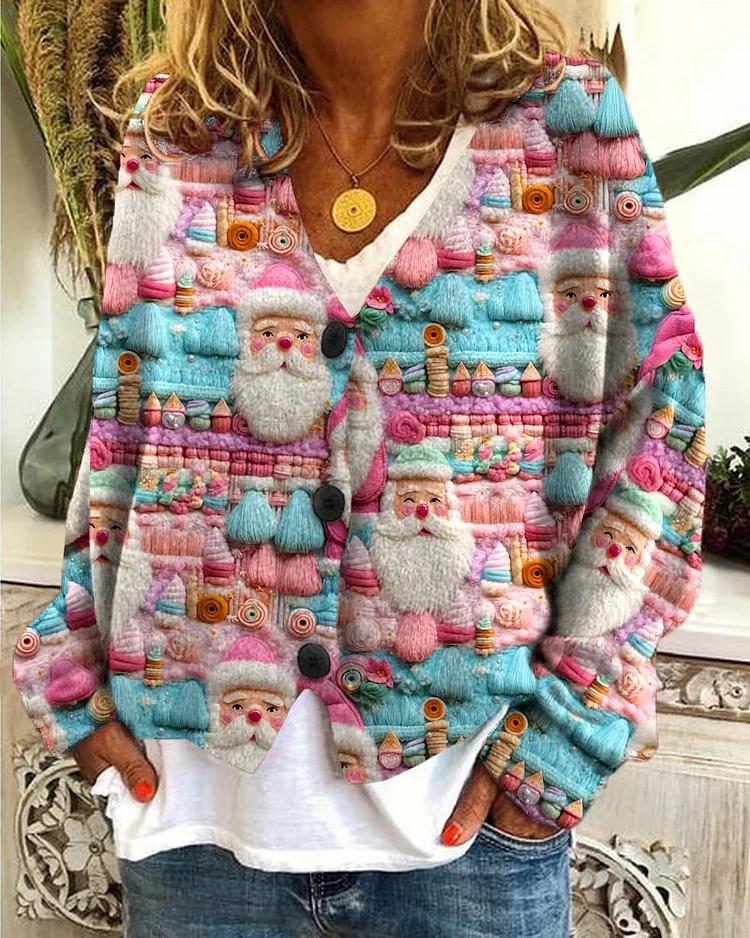 Women's Embroidered Christmas Print Casual Loose Button Flannel Cardigan