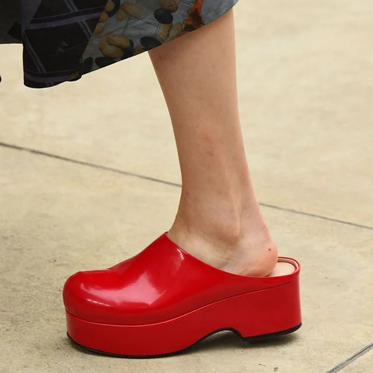 Classic Red Round Toe Block Heel Patent Summer Mules Vdcoo